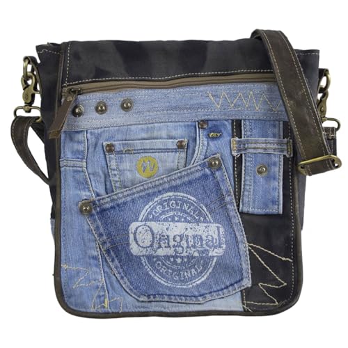 Sunsa Borsa messenger sostenibile, borsa a tracolla in jeans riciclati e tela. Borsa da crossover unisex con spazio veil nero blu, jeans, 25x27x8cm, Rétro