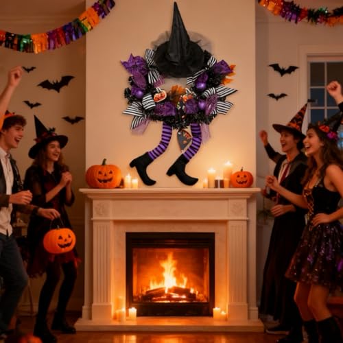 wlflash Happy Halloween Wreath for Front Door Decoration with Skeleton Artificial Bone Orange Ornaments Maple Leaf for Party Decor (Halloween Purple) - image 6