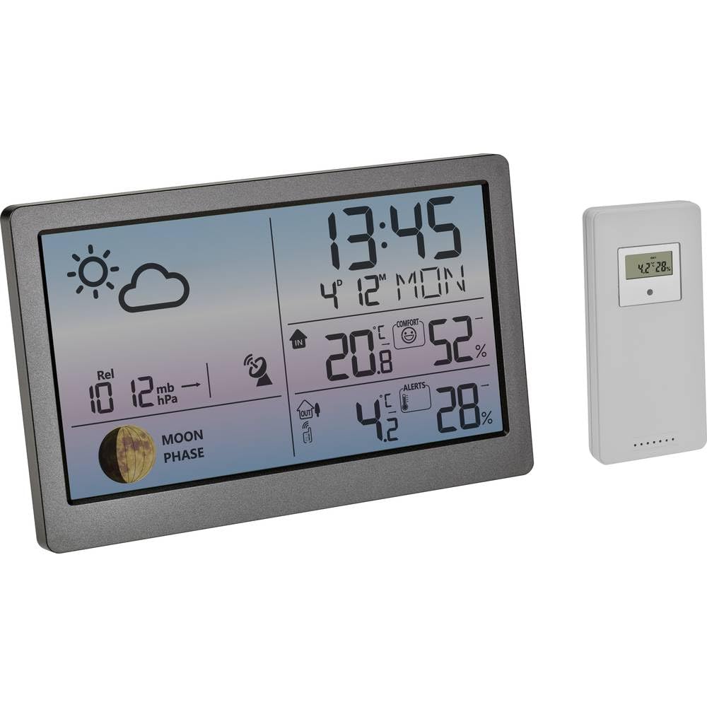 TFA Dostmann Estación meteorológica inalámbrica con sensor exterior Luna Sky 35.1169, temperatura y humedad interior exterior, fase lunar, pantalla a color, alarma de temperatura exterior, gris