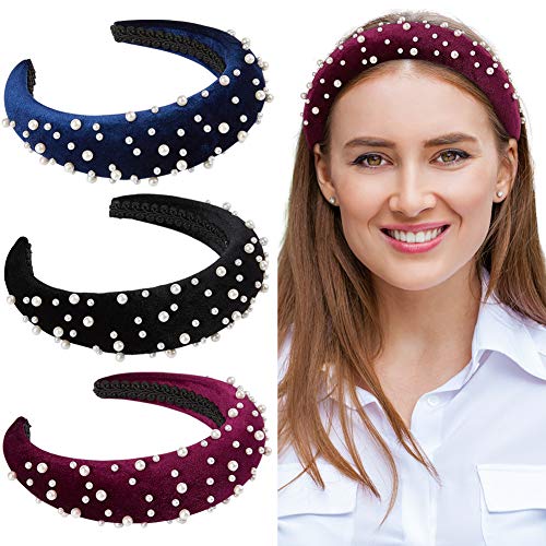 QtGirl Pearl Padded Headbands for Women, Grils Velvet Headband Pearl Padded Hairband Knot Hair Hoop Hair Accessories for Woman Girls Party Wedding