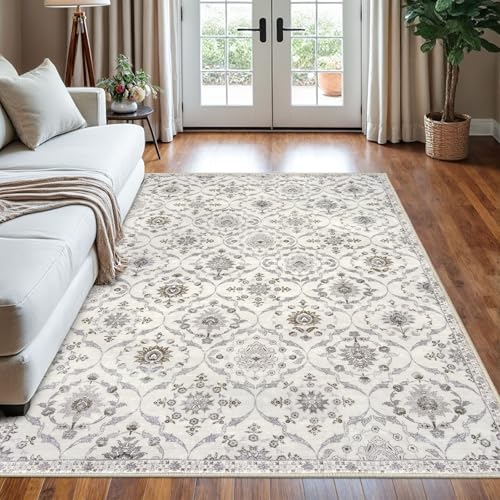 KILOCOCO 5x7 Area Rug, Moroccan Super Soft Washable Living Room Vintage Rug, Non-Slip Large Print Faux Wool Throw Indoor Rug for Entryway Bedroom Office Carpet, Cream Beige Grey
