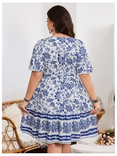 Image of Floerns Women's Plus Size Summer Vacation Wrap V Neck Short Sleeve Ruffle Hem A Line Hawaiian Short Dress