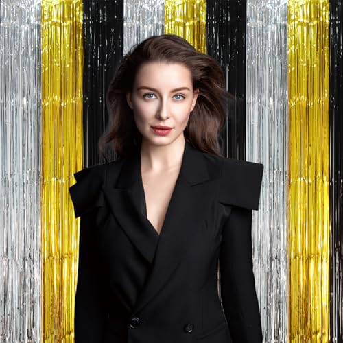 Image of Voircoloria 2 Pack Black Gold Silver Foil Fringe Backdrop Curtains, Tinsel Streamers Party Decorations, Fringe Backdrop, Door Shimmer for New Years or Birthday Party