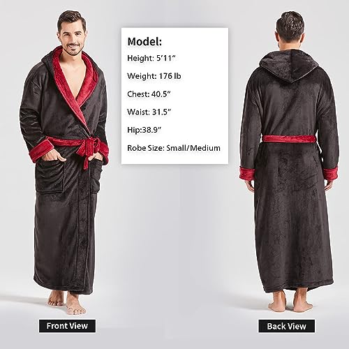Image of FashGudim Mens Robes Big and Tall with Hood Two-Tone Flannel Fleece Contrast Bathrobe Full Length Plush Long Robe House Coat