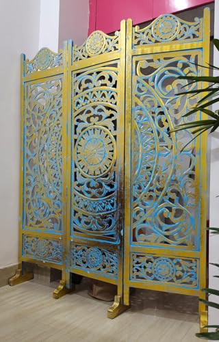 Image of Store NiceWooden Room Divider Partition for Living Room Bedroom & Office Foldable Modern Decorative Partition for Home, Pooja Room & Studio Bedroom Office Restaurant (Blue and Golden with Stand)