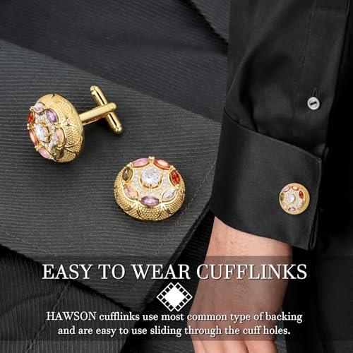HAWSON Cuff Links Mens with Crystal, Gift Box Packed, Mens Jewelry or Accessories, Gold Cufflinks for Men,Suit for Men's Black Dress Shirt,Wedding Ceremony Business metting, Birthday Anniversary2