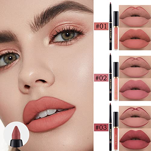 Lip Liner And Lipstick Set, 3 Velvety Matte Liquid Lipsticks + 3 Matching Smooth Lip Liner Pens, One Step Lips Makeup Kits Nude Lip Stain For Black Women Waterproof Long Lasting 24 Hours (A) #TOP1