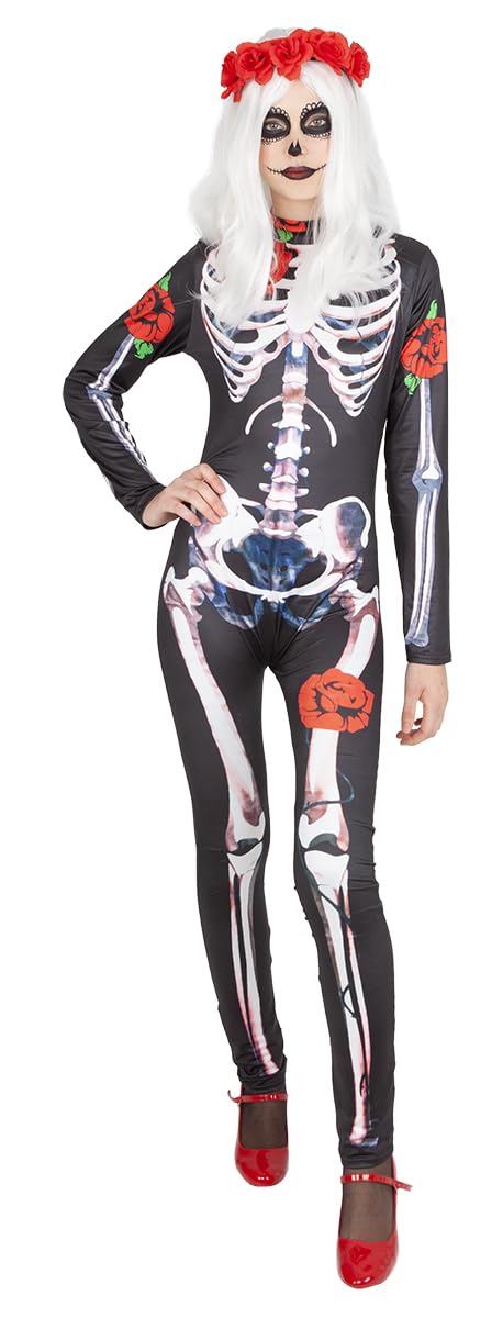 Rubies Disfraz Catrina Skelita Rosas para mujer, Mono estampado esqueleto y diadema de flores, Licencia Oficial, Día de los Muertos, Halloween, Fiestas