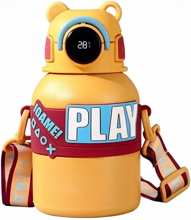 Insulated Water Bottle with Straw, 316 Stainless Steel, Temperature Display, Large Capacity with Shoulder Strap, Yellow Robot Design，Insulate for 8-12 hours