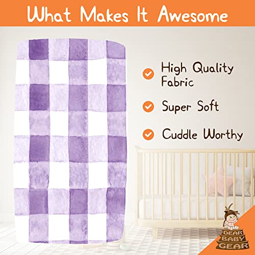 Image of Dear Baby Gear Deluxe Baby Crib Sheet - Cotton Polyester Infant Sheets - Soft Machine-Washable Crib Mattress Cover - Newborn Nursery Bedsheet - Watercolor Purple Lavender Plaid Print, 52 inchx28 inchx10 inch