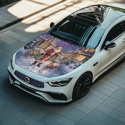 Image of Christmas Santa Claus Deer Car Hood Cover Polyester Elastic Fabrics Can be Washed Suitable for SUV Trucks Universal for Cars