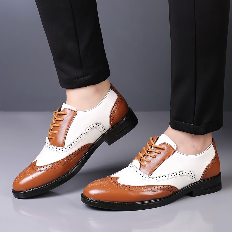 Formal Shoes for Men Lace Up Brogue Embossed Wing tip Two Tone Vegan Leather Oxford Shoes Block Heel Anti-Slip Low Top Slip Resistant Classic3