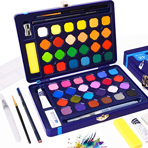 Watercolors Paints Set, 48 Solid Kids Watercolors Paints Half Pans with Watercolor Brush Pen + 8 Extra Bonuses, Travel Watercolor Kit Portable Watercolors for Artists, Students, Kids