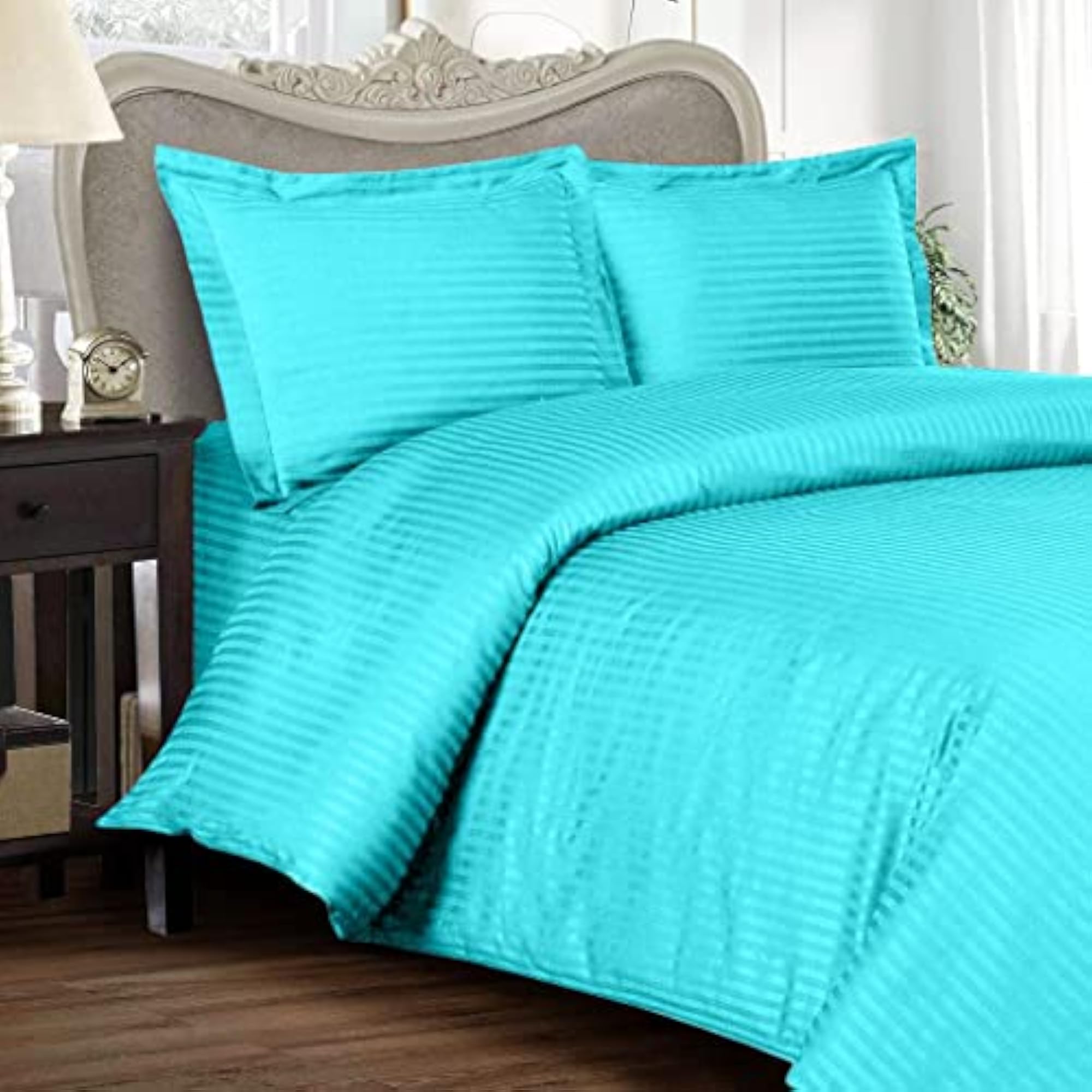Premium Satin Stripe Duvet Cover, Aqua, Double Size