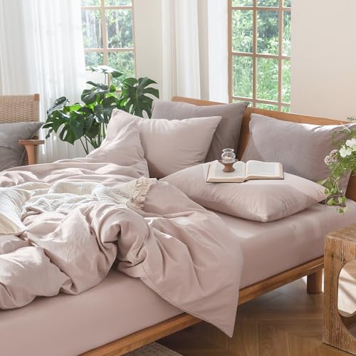 Image of MooMee Duvet Cover Set 100% Washed Cotton Linen Like Queen | Relaxed Linen-like Texture. Soft, Breathable & Long-lasting Comfort. Lightweight. Hidden Zipper with 8 Interior Corner Ties