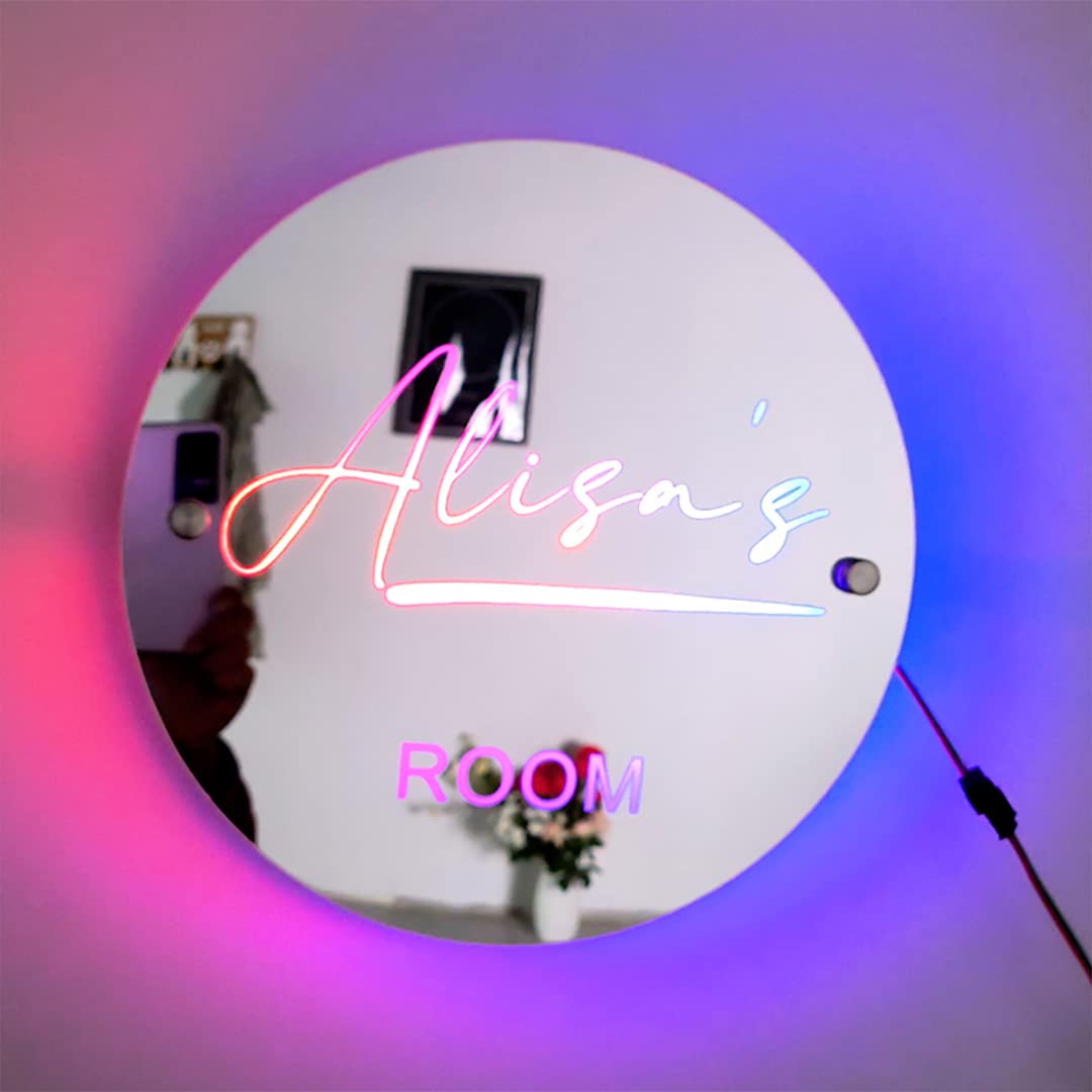 Personalized Name Round Mirror LED Light, Custom Text Neon Signs Wall Decor 7 Color Desk Lamp for Bedroom Livingroom Party Decoration Home Decor Night Light Her His Valentine's Day Birthday Gift