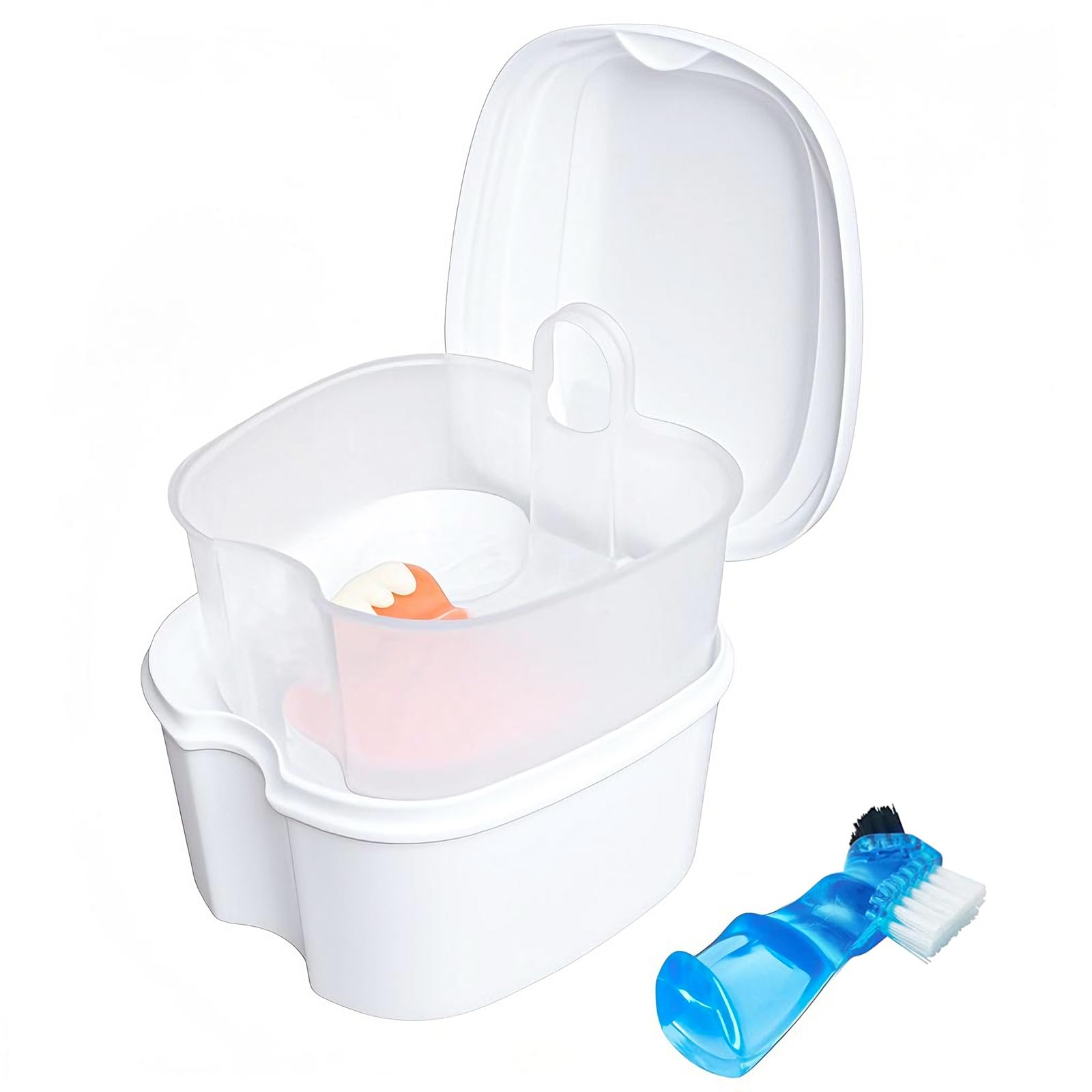 Denture Soaking Box Orthodontic Retainer Bath Case with Strainer Basket, False Teeth Container Dental Denture Bath Box Case Cup for Travel Cleaning - White
