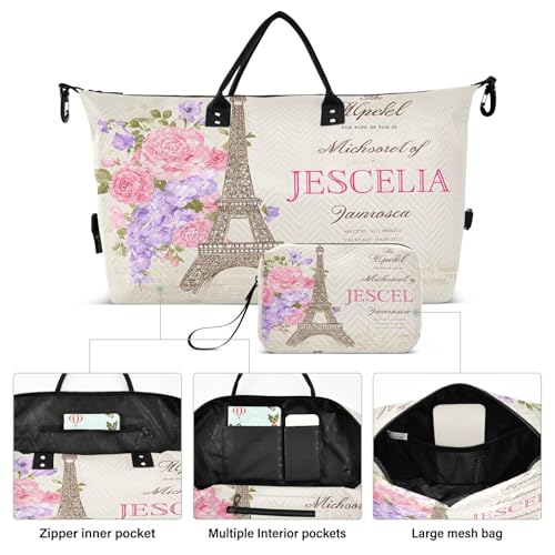 Eiffel Tower France Flower Elegant Large Travel Duffle Bag Weekender Overnight Bags Gym Yoga Bag for Women Men with Toiletry Bag2