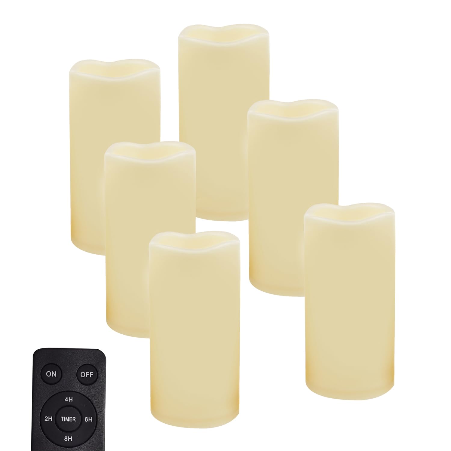 CANDLE CHOICE Waterproof Outdoor Battery Operated Flameless Candles Remote Timer Ivory Plastic Realistic Flickering Fake Electric LED Pillars Lantern Garden Wedding Christmas Decorations 3”x6” 6 Pack