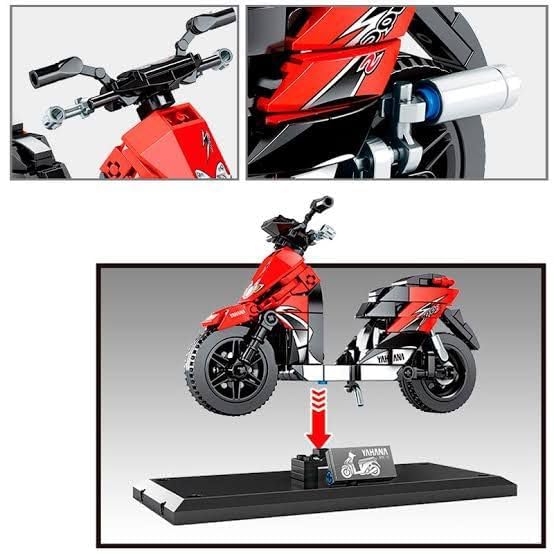 Sembo Block DIY Motorcycle Model Kit 701109 displayed on a black stand, with an inset showing close-ups of the handlebars and exhaust.