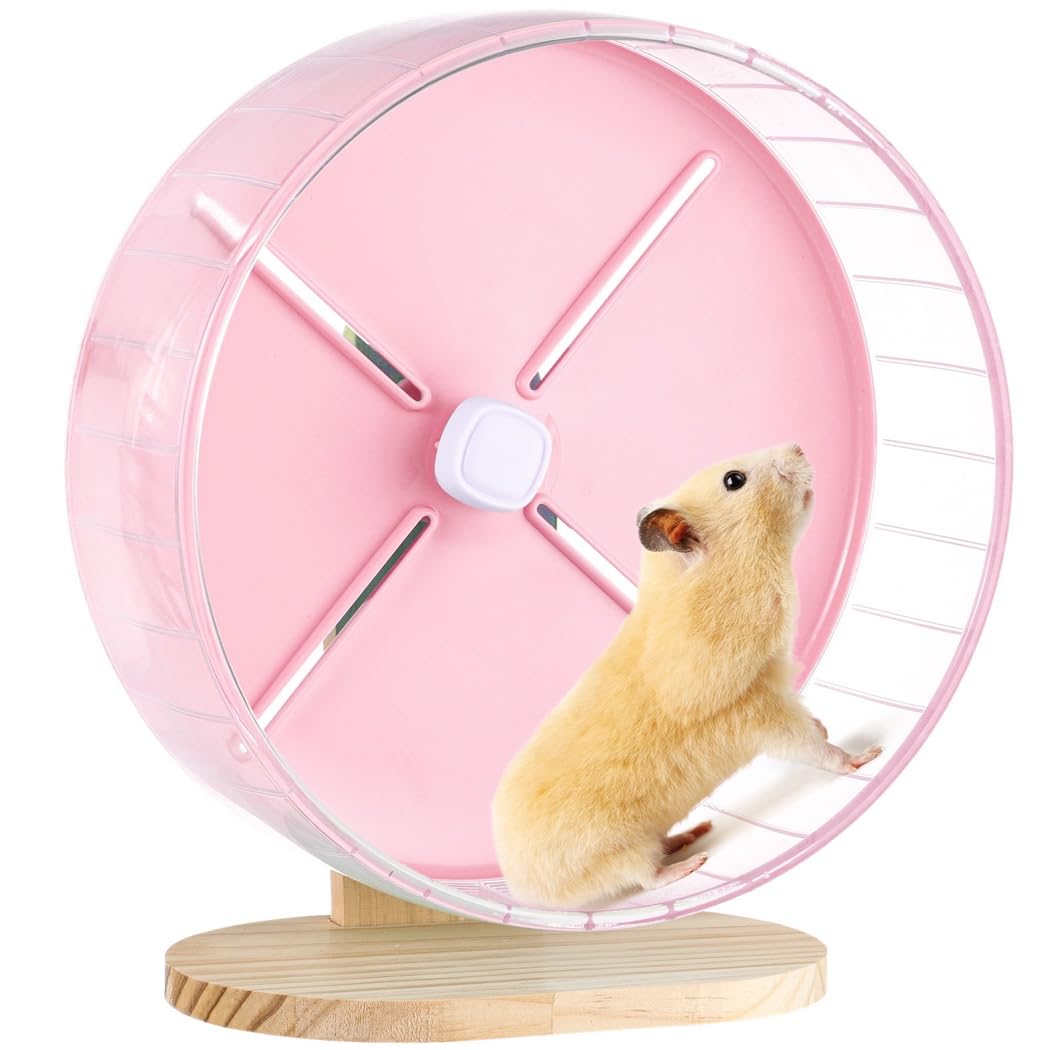 Rueda de hámster con soporte, rueda silenciosa para hámster, chinchillas, cobayas, jerbos y ardillas deslizantes, 10,2 pulgadas, con base de madera, ajustable