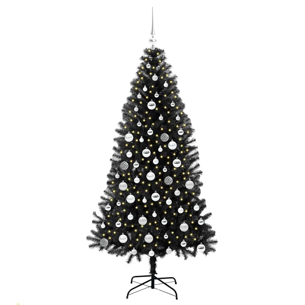 Czarna choinka 180 cm z 300 diodami LED w kolorze ciepłej bieli, PCW, stojak, do użytku wewnątrz i na zewnątrz, odświętna dekoracja, łatwy montaż