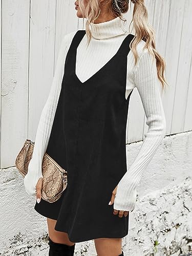 Koinshha Women V Neck Corduroy Overall Dress Casual Loose Short Pinafore Dresses Cute Mini Jumper Dress2