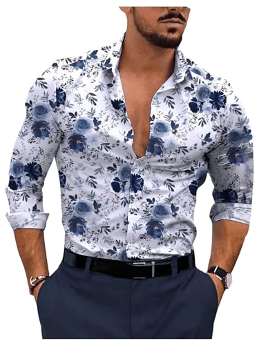 Men's Floral Dress Shirts Flower Graphic Collared Long Sleeve Button Down Shirt