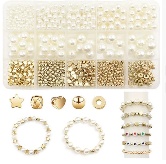 HEXXEE Amzuia 770 Pcs Spacer Beads Set, Mixed Imitation Pearls Polished Loose Beads 4/6/8/10/12mm Glass Pearl Round Beads with 5 Shapes Golden Spacer Beads for DIY Jewellery Making Crafting