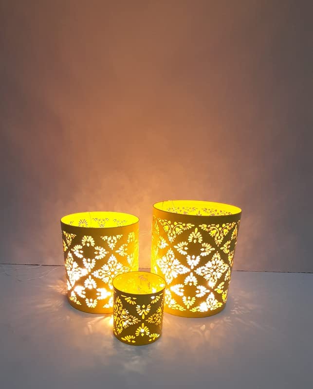S.S. International Etched Metal Candle Cage Holder (Combo Set of 3) for Home Decoration (Size : Small -3 X 3 X 3.5In, Medium - 5 X 5 X 7 in, Large - 6 X 6 X 7 in) - Yellow-Ombre (SS-1028)