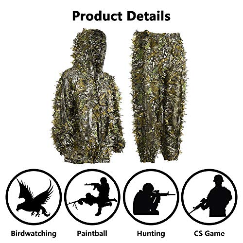 Ghillie Suit,Adult 3D Leafy Camouflage Ghillie Suit Youth Outdoor Woodland Hunting Suit Camo Outfit Ghillie Suit for Men Jungle Wild Animal Photography for Hunters, Military and Paintball - Thumbnail 4