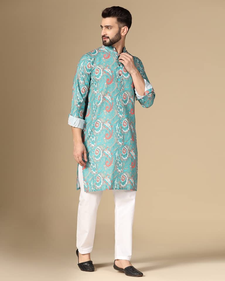 Image of Leriya Fashion Rayon Printed Regular Men's Kurta (LF-M144 Green1