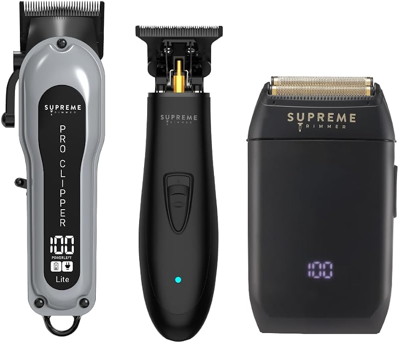 Kit de barbear e cuidados Supreme Trimmer com STC5000 Pro Clipper Lite, ST5206 DLC T-Shaper e STF602 Crunch Foil Shaver, preto