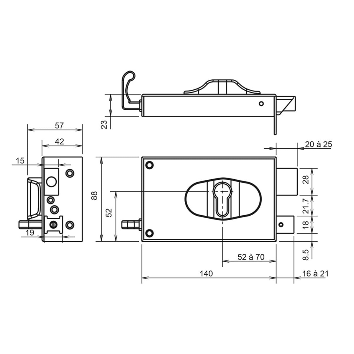 METALUX ND10 9770 Tirage Droite - Serrure en Applique Universelle Horizontale Axe Réglable de 52 à 70 mm