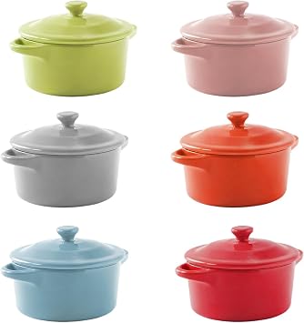 6 Pack Ceramic Ramekins Lids Mini Cocotte 8 OZ Ceramic Oven Safe | Round Small Baking Individual Serving Pot, Lasagna Souffle Soup Bowls, Oven Safe Kitchenware, Handles Round, 6 Colors