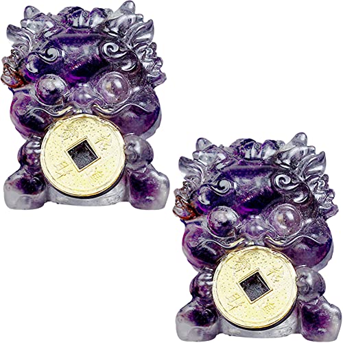 YUYAKESHI 金銭貔貅 ペア 置物 風水物 オブジェ さざれ石入れ ヒキュウ 天然石 インテリア 樹脂 装飾 小物 金運 開運 マスコット 一対(アメジスト)