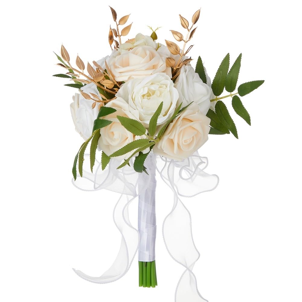 Huffa Whitemilky Artificial Color Matching Roses - Spherical Holding Flowers Bouquet For Weddings And Events(Whitemilky)