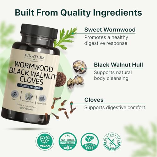 Image of VINATURA Wormwood Black Walnut Clove Capsules - Cleanse, Detox, Intestinal Guard Formula Supplement for Humans, with Wormwood herb, Black Walnut Extract Combination, 60 Capsules
