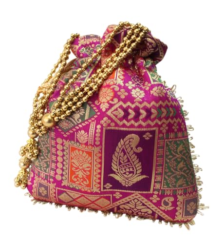 Image of MILAN'S CREATION Patola Potli Banarasi Silk Brocade Bag Purse Drawstring Women's handbag with Pearl Handle & Tassel Weddings (Multicolor- Magenta)