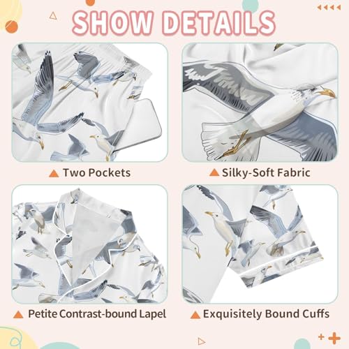 senya Many Seagulls Flying Satin Summer Pajama Sets Silk Short Sleeve Button Down Sleepwear3