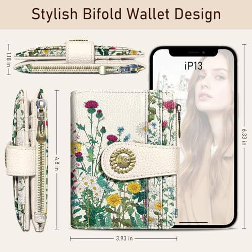 Image of Kelvoris Aesthetic Flower Floral Small Rfid Women Wallet Zipper Coin Pocket | Bifold PU Leather Compact Cash Credit Card Holder Travel Purse for Female Ladies Teen Girls 1 ID Window 10 Card Slots