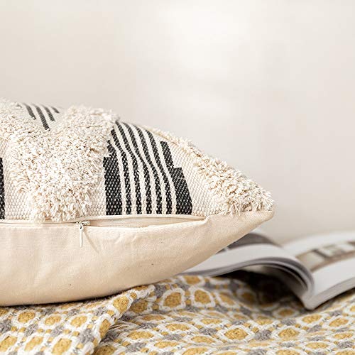 Ojia Decorative Throw Pillow Cover, Ticking Striped Cream & Gray Textured Pillow Cases Accent Cushion Covers Tufted Neutral Geometric Contemporary For Farmhouse Decor Living Room (18X18Inch, Stripe) #TOP6