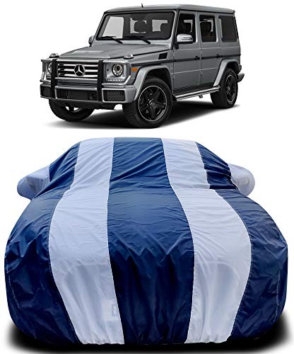 Image of PURPLEHEART Car Body Cover Compatible with Mercedes Benz G-Class with Mirror Pocket Triple Stitched Bottom Elastic Water Resistant UV Protection & Dustproof Car Cover-Blue & White