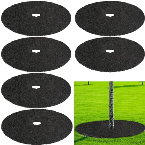 Peryiter 6 Pcs Rubber Mulch Tree Ring Heavy Duty Rubber Mulch Mat Tree Protector Weed Barrier Mats Round Root Barrier for Root Protection Weed Grass Control (12 Inches)