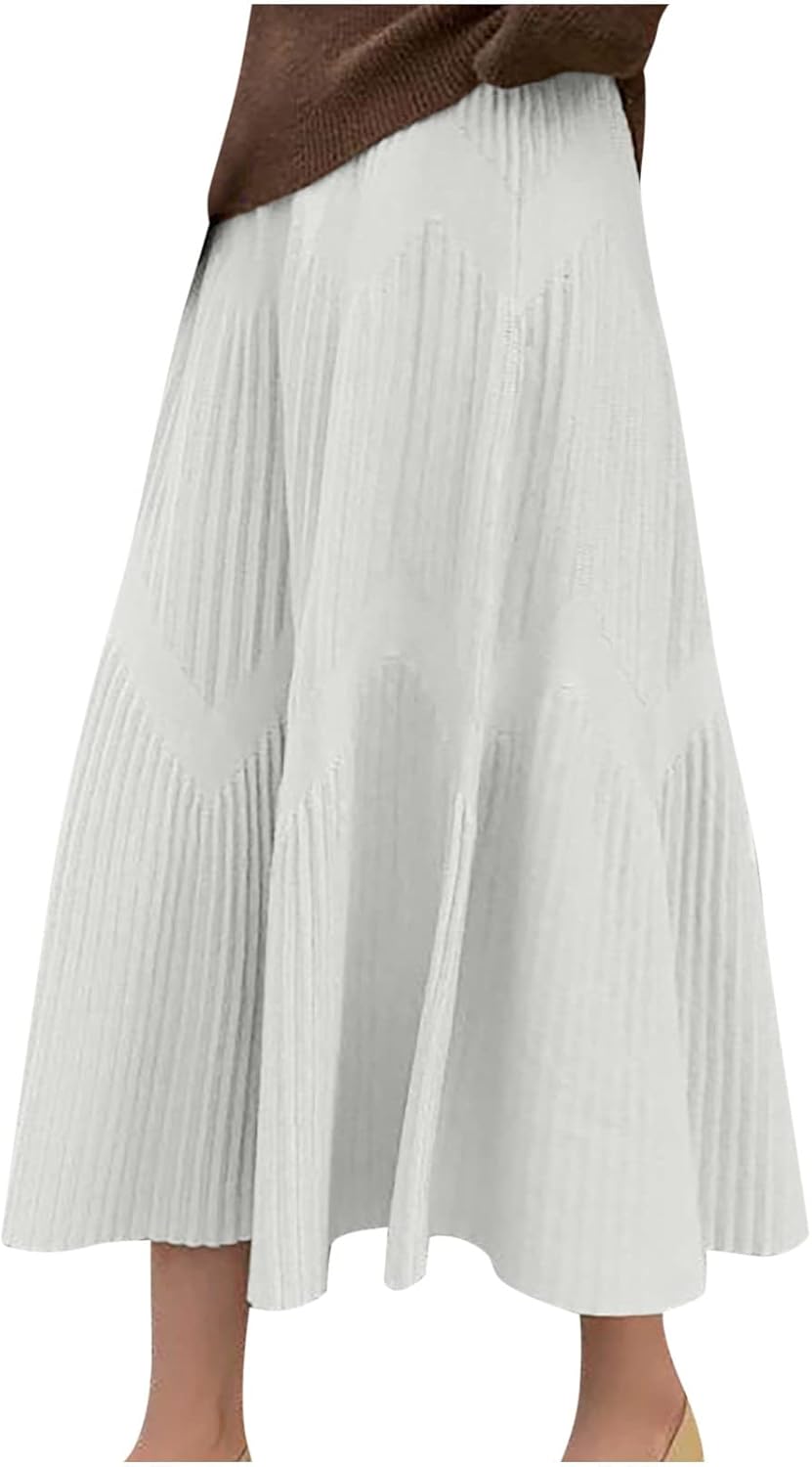 FZYLQY Women Mid-Length Knitted Sweater High Waist Pleated A-Line Umbrella Daily Loose Skirt Skirt Casual Mid-Calf Skirt