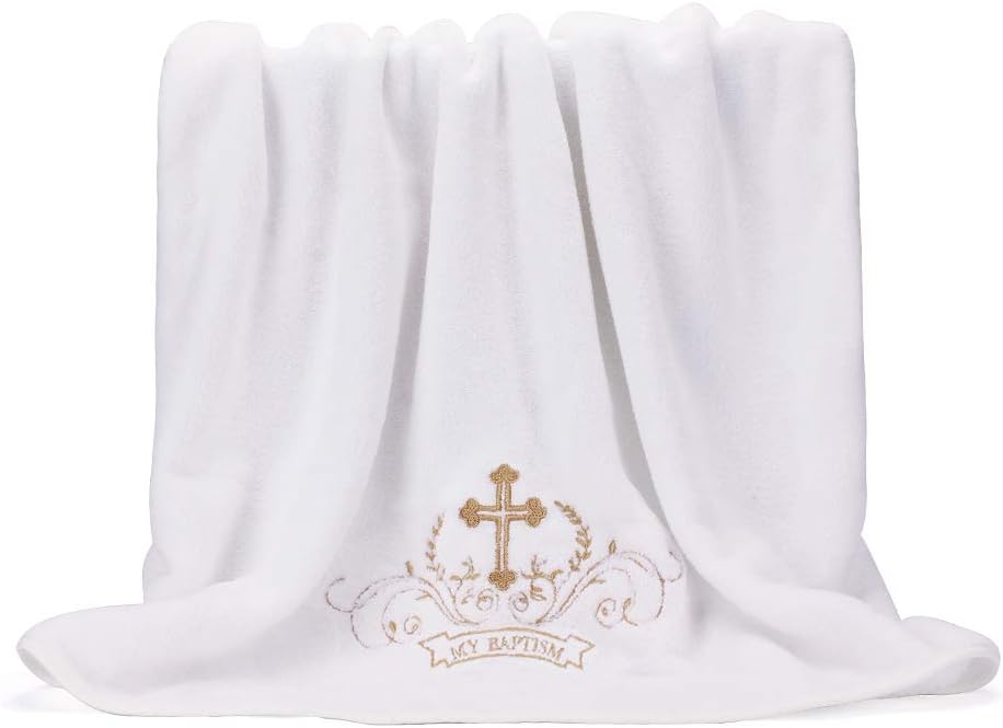 My Baptism Baby Christening Dedication White Blanket with Embroidered Cross Premium Soft Warm Cozy Coral Fleece Toddler, Infant or Newborn Receiving Blanket