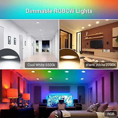 MustWin Smart Retrofit LED Recessed Lighting 6 inch LED Color Changing Downlights, 15W RGBCW 1150 Lumen Bluetooth Mesh Can Lights, Voice Control via Alexa, Dimmable 2700K-6500K 4-Pack (Hub Included) - Thumbnail 2