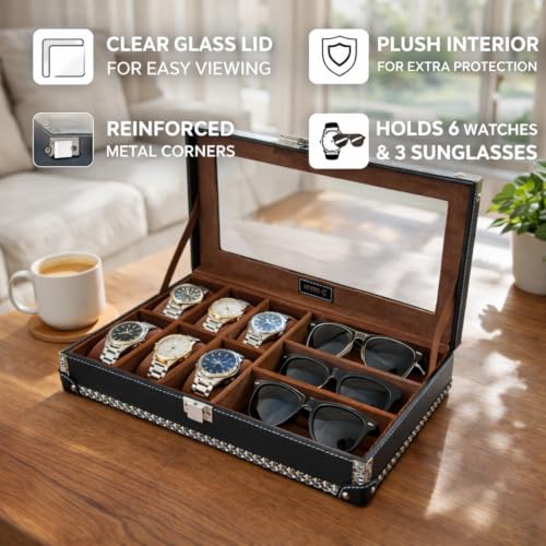 Image of BOXXO 12 Slot Watch Organizer Box for Men & Women - Premium PU Leather Watch Case (9-slots Black /Beige)