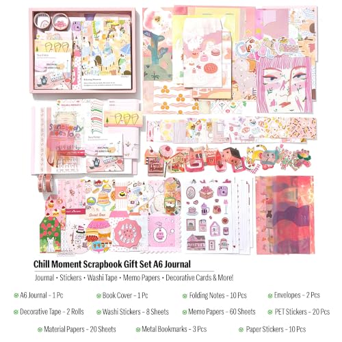 Image of The AutoStory Vintage Scrapbook Album Kit - A6 Junk Journal Notebook with Aesthetic Stickers, Collage Paper Pack & Washi Tape - DIY Journaling Supplies Gift for Teens & Girls (Chill Moment, Pink)