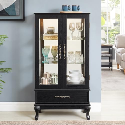 Image of 51 inch H Lighted Wooden Curio Cabinet, Glass Display Case with Tempered Glass Door, Adjustable Shelves, Storage Drawer and Mirrored Back Panel, Decorative Cabinet for Living Room,Office (Black)